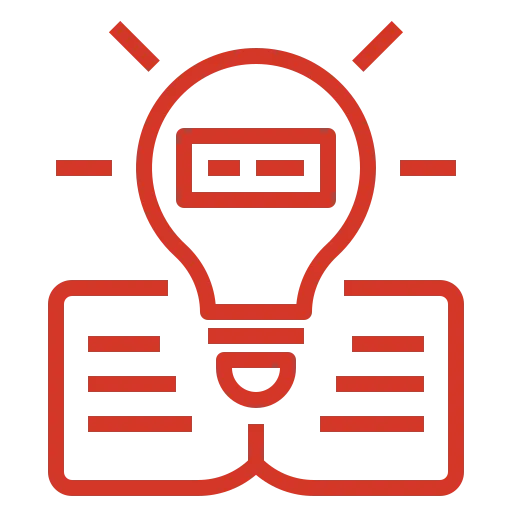 Icon of an open book with a lit lightbulb